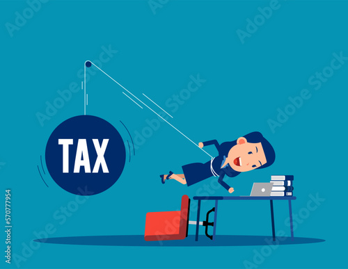 Working taxpayer business person being tied up burden. Business vector illustration