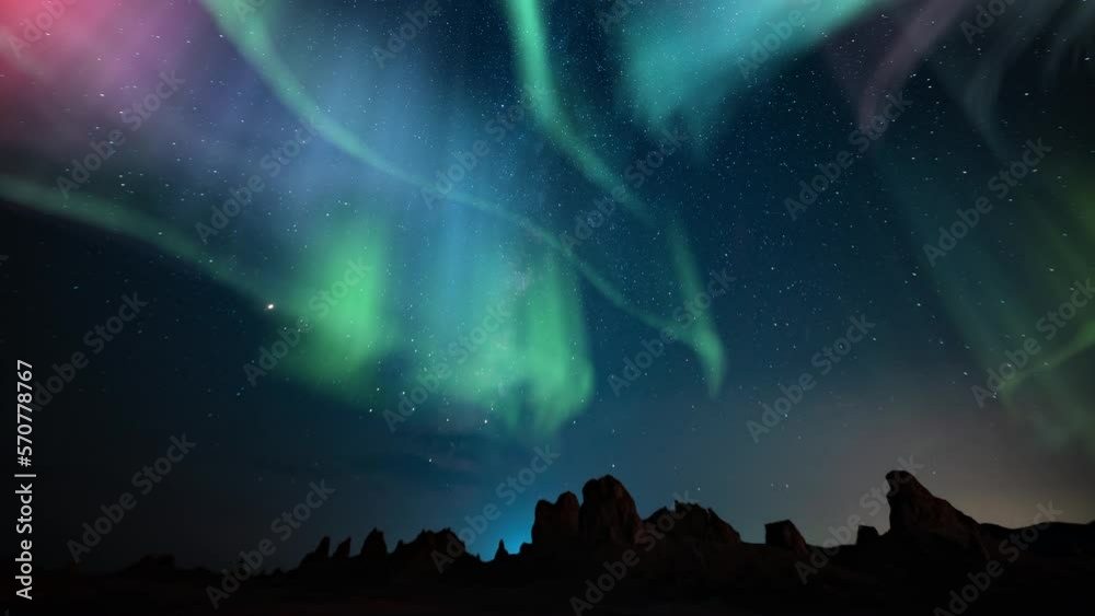 Aurora Green Purple Red and Milky Way Galaxy Trona Pinnacles  Loop