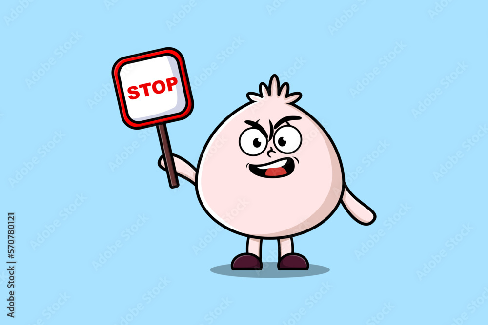 Cute Cartoon mascot illustration Dim sum with stop sign board vector drawing   
