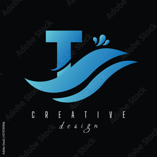T Letter Logo with Waves and Water Drops Design Vector Illustration