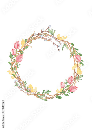 Floral wreath in vibrant spring colors. Hand-drawn watercolor illustration