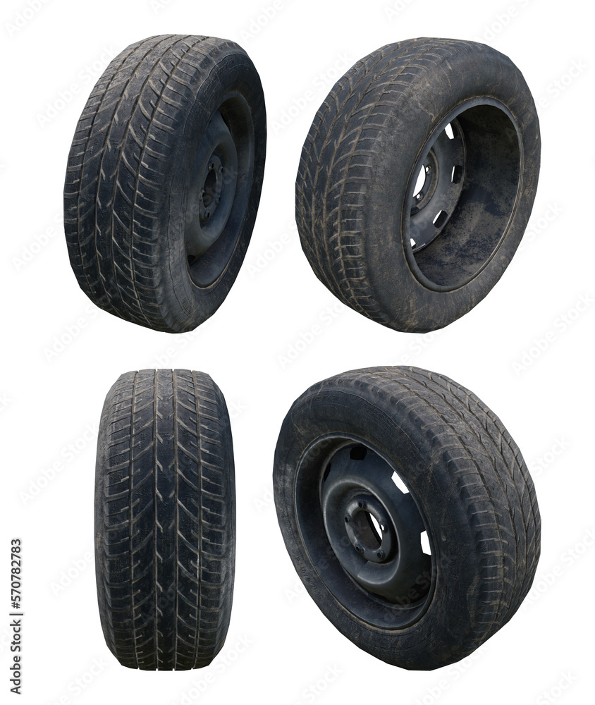 3d rendering old dirty car tires wheel perspective view