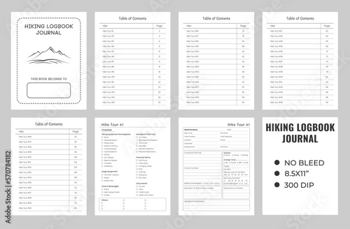 Hiking journal logbook or notebook planner kdp, travel, adventure, camping journals 