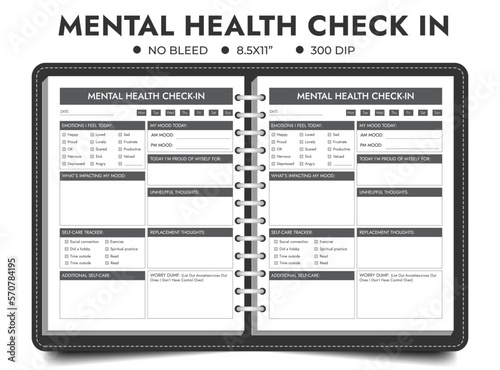 Mental Wellness Check-In, Mental Health Check-in Worksheet, Mental Health journal, or logbook planner