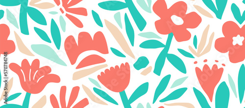 seamless pattern of abstract flowers and leaves. Children style floral doodle background, funny basic nature shapes wallpaper.