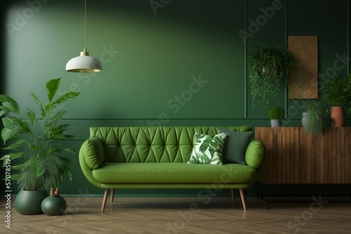 On a green wall with wooden floors, there is a green sofa and table. Generative AI