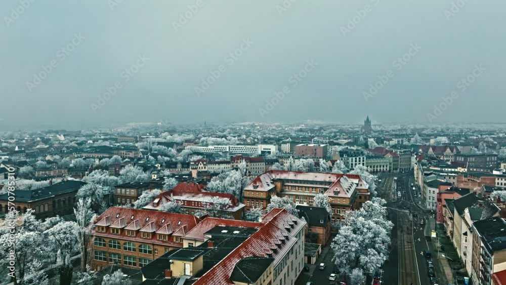 Drone shot of Halle(Saale) city on a snowy day , Saxony-Anhalt , Germany Drone shot of Halle(Saale) city on a snowy day , Saxony-Anhalt , Germany