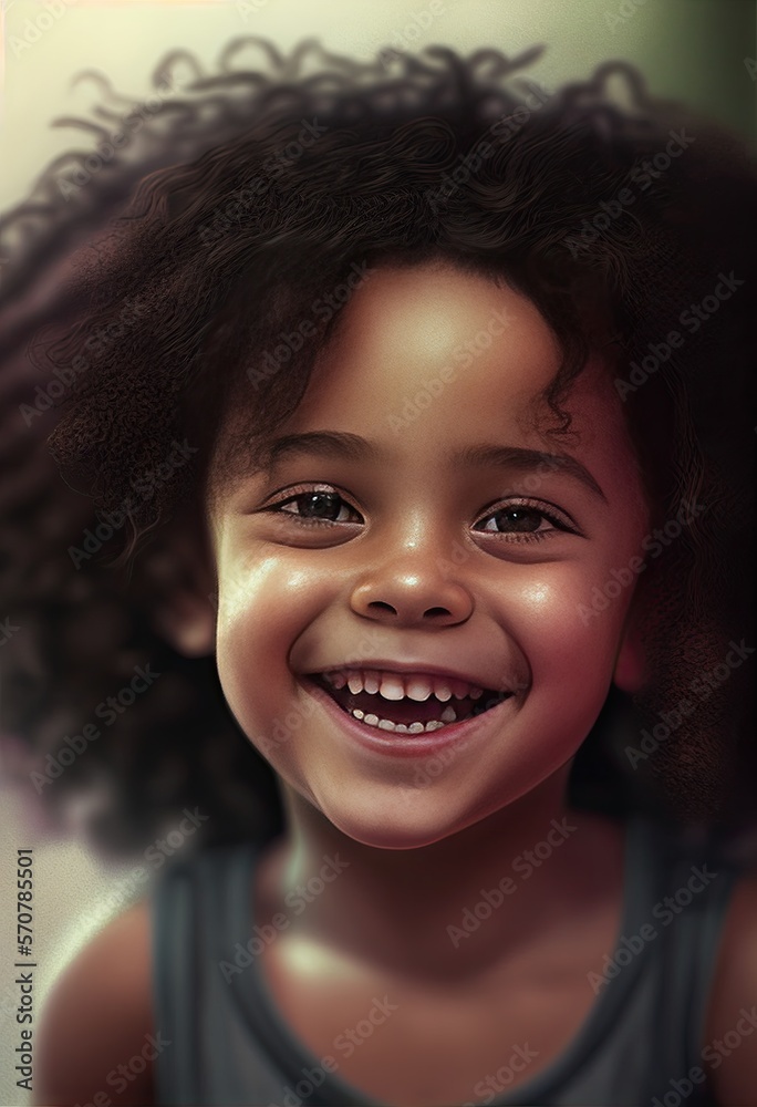Smiling happy adorable child. Adorable laughing elementary school kid. Biracial black girl grinning for the camera in portrait. AI generated.