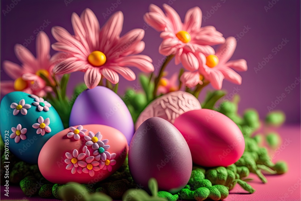 Easter eggs poster background for greeting celebrated in easter day. Generative AI