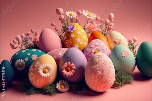 Easter eggs poster background for greeting celebrated in easter day. Generative AI