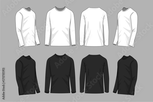 Men's clothing set in white and black colors. Front, back and side views of blank tee. Casual style. Vector illustration for your fashion design.