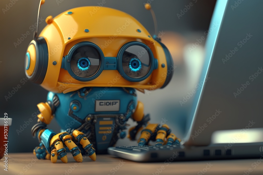 Cute Chatbot with glasses working with keyboard and computer. Generative Ai Cute Chatbot with glasses working with keyboard and computer. Generative Ai