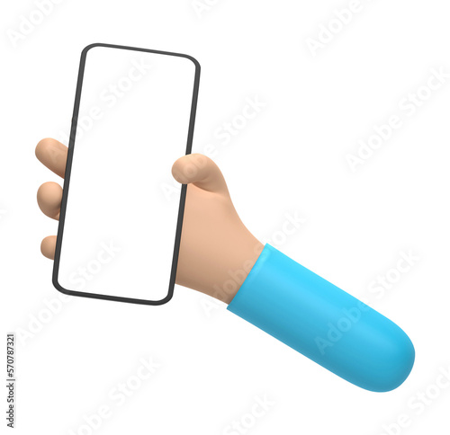 3D rendering, Cartoon hand holding mobile smartphone isolated on transparent background