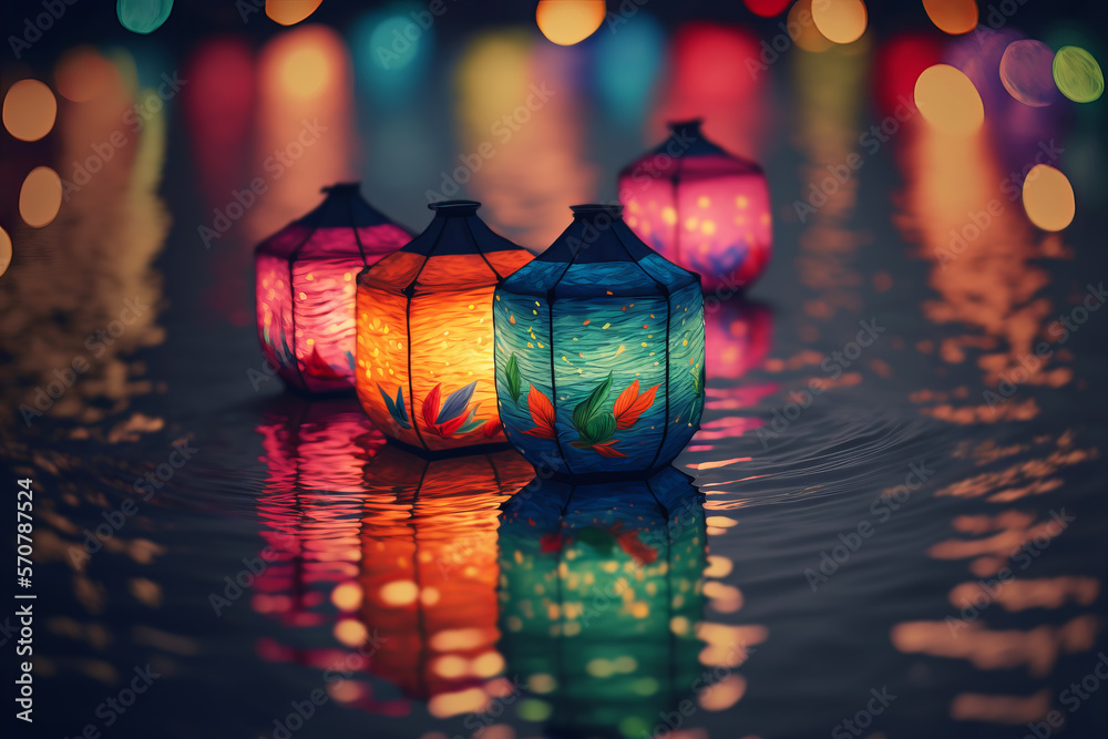 Paper lanterns float on dark water. Traditional Floating Lantern