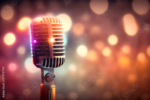 Stylish old retro microphone on colored background with bokeh. Concept karaoke and stund up comedy. Generation AI