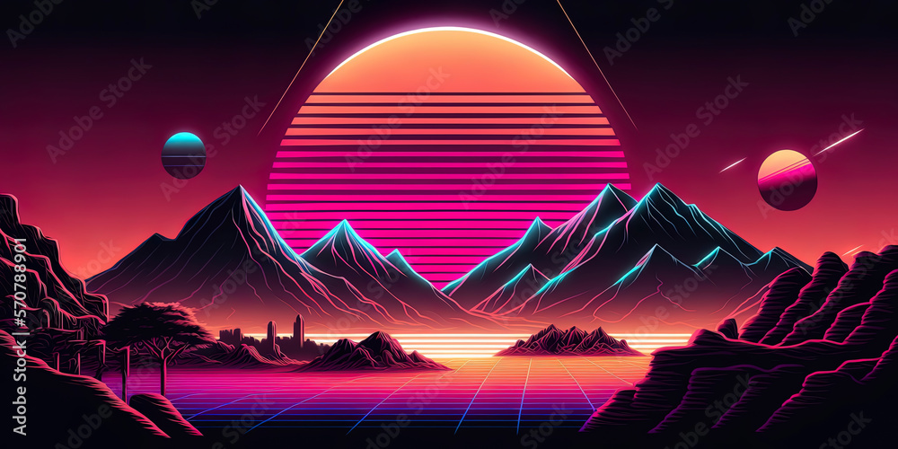 80s synthwave styled landscape with mountains and sunset Stock ...