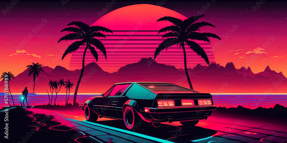 trendy synthwave, vaporwave, cyberpunk sunset background. Back to 80's concept.