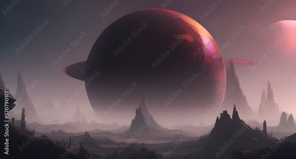 illustration of gigantic spherical rock in a fantasy environment outer planet landscape digital concept art