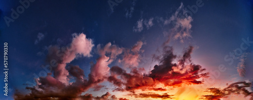 amazing stunning colorful sunset, panoramic view of cloudy skies in sunset colors, Bali