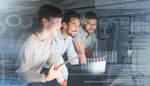 Business people, coding group and information technology with computer screen, programming and software development. Code overlay, futuristic and collaboration, meeting with programmer team in office
