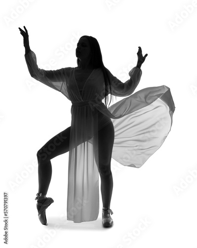 Silhouette of female ballerina dancing on white background © Pixel-Shot
