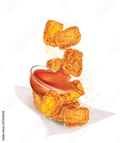Spicy chicken nuggets or bucket and chili suace flying on white background. Vector in 3D illustration. Fast food concepts.