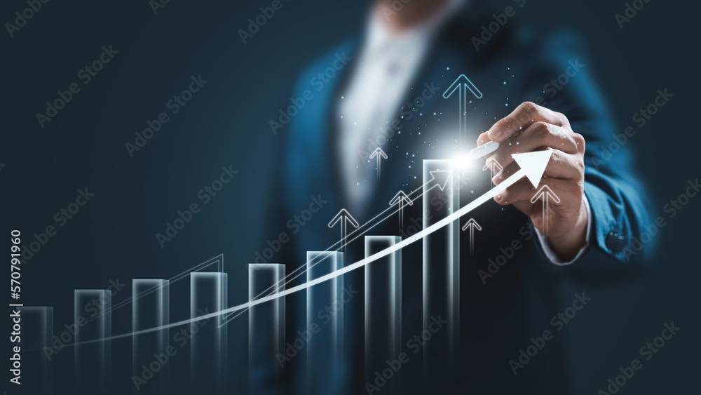 global business growth analysis and asset investment chart Business and Finance Up arrow Holographic economic chart, global economic trend analysis, financial graph analysis on virtual screen. - obrazy, fototapety, plakaty 