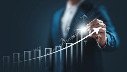 global business growth analysis and asset investment chart Business and Finance Up arrow Holographic economic chart, global economic trend analysis, financial graph analysis on virtual screen.