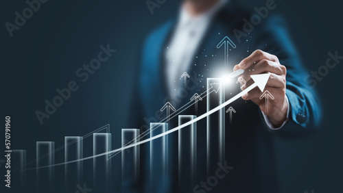 global business growth analysis and asset investment chart Business and Finance Up arrow Holographic economic chart, global economic trend analysis, financial graph analysis on virtual screen. photo