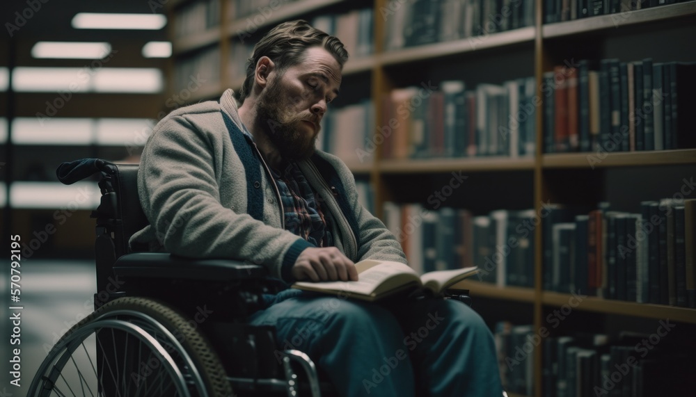 Celebrating Ability, Inclusion, and Diversity: The Power of a Barrier-Free Wheelchair for Independent Living and Empowerment for a White (Caucasian) Man In a library (generative AI)
