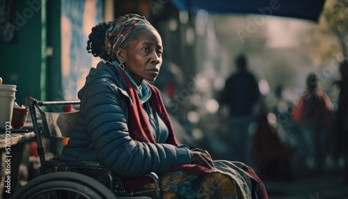 Celebrating Ability, Inclusion, and Diversity: The Power of a Barrier-Free Wheelchair for Independent Living and Empowerment for a Black (African American) Woman In a street market (generative AI)