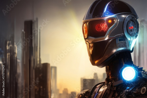 Cyborg Portrait Detailed Helmet Red Glowing Eye Lens Cyberpunk City at Dawn In Background Generative AI Illustration