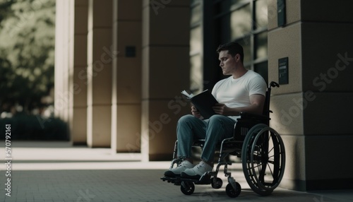 Celebrating Ability, Inclusion, and Diversity: The Power of a Barrier-Free Wheelchair for Independent Living and Empowerment for a White (Caucasian) Man At a university campus (generative AI)