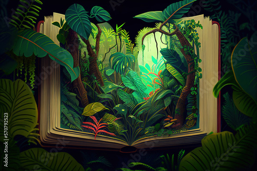 Fototapeta Naklejka Na Ścianę i Meble -  Fantasy jungle scene unfolding from an open book
