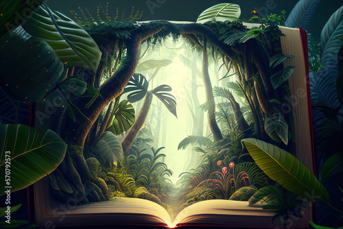 A tropical rainforest jungle appearing opening a book