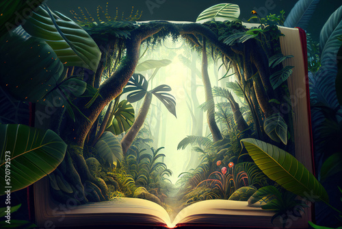 Fototapeta Naklejka Na Ścianę i Meble -  A tropical rainforest jungle appearing opening a book