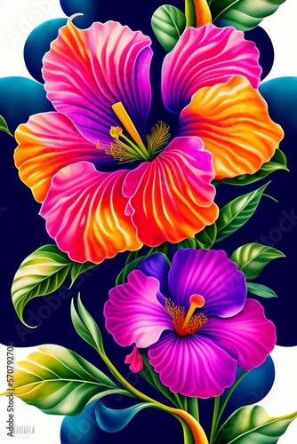 Hibiscus flower in a watercolor style with seamless background pattern, created with Generative AI technology