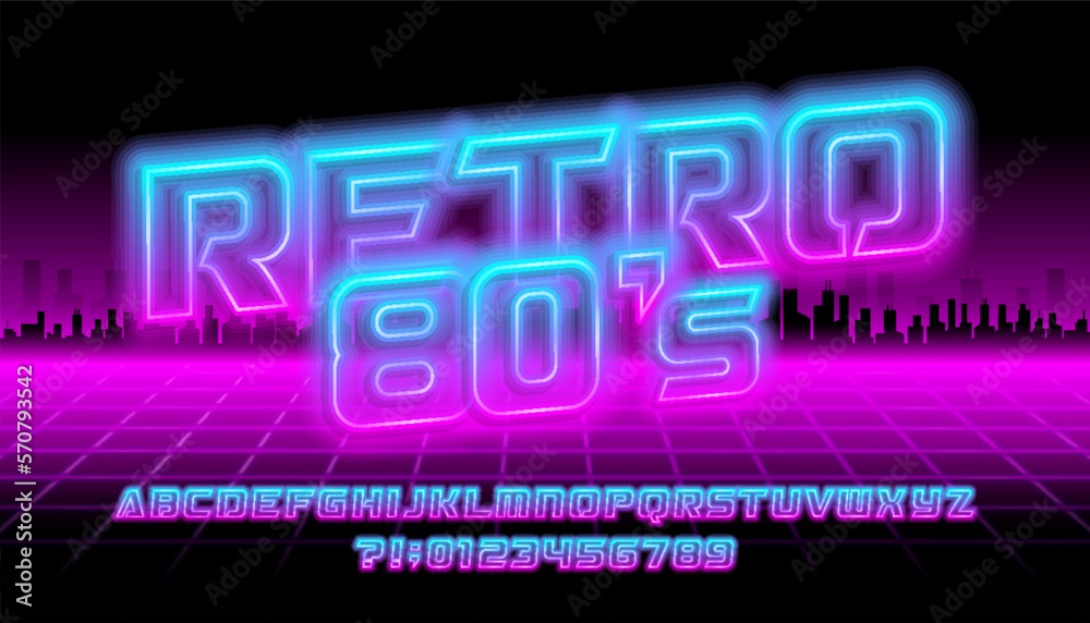 Retro 80s alphabet font. Neon colors letters and numbers on a retro background. Stock vector typescript for your design. Retro 80s alphabet font. Neon colors letters and numbers on a retro background. Stock vector typescript for your design.