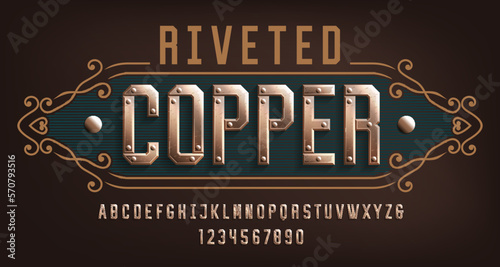 Riveted Copper alphabet font. Riveted letters and numbers. Stock vector typescript for your design.