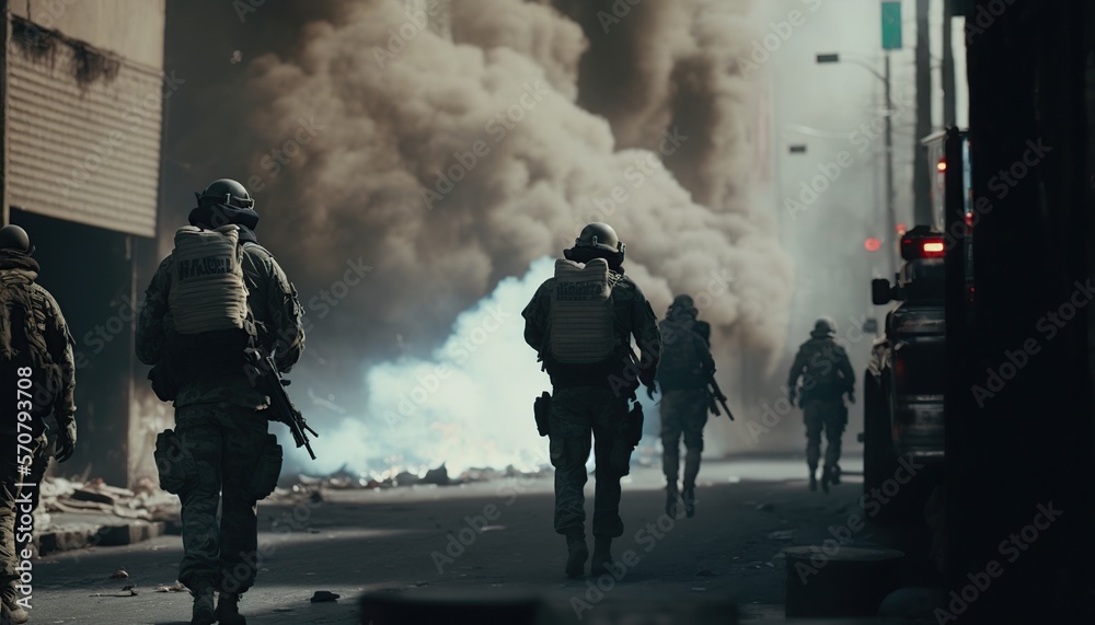 Special ops soldiers fight for survival in chaotic urban warfare in New York City. On fire, armed with rifles, and wearing gas helmets, they navigate debris-filled streets while under attack.