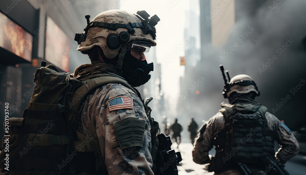 Special ops soldiers fight for survival in chaotic urban warfare in New York City. On fire, armed with rifles, and wearing gas helmets, they navigate debris-filled streets while under attack. Special ops soldiers fight for survival in chaotic urban warfare in New York City. On fire, armed with rifles, and wearing gas helmets, they navigate debris-filled streets while under attack.