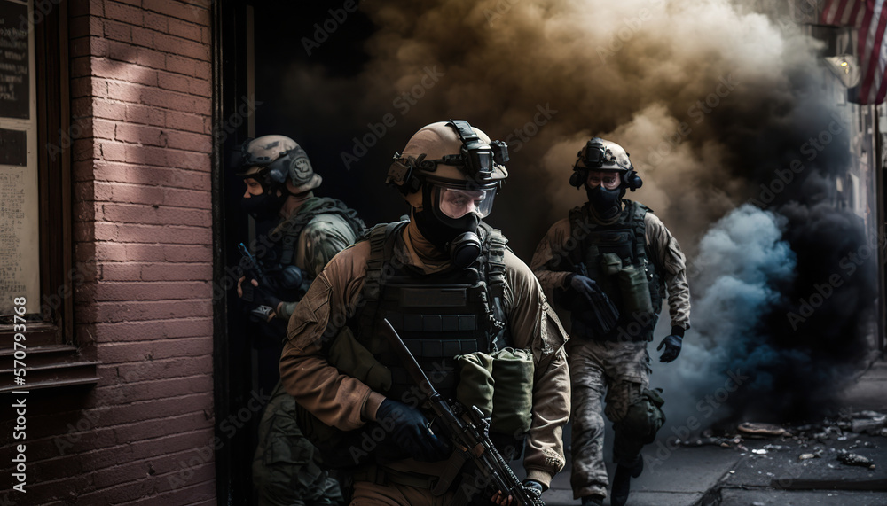 Fototapeta premium Special ops soldiers fight for survival in chaotic urban warfare in New York City. On fire, armed with rifles, and wearing gas helmets, they navigate debris-filled streets while under attack.