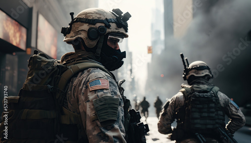 Special ops soldiers fight for survival in chaotic urban warfare in New York City. On fire, armed with rifles, and wearing gas helmets, they navigate debris-filled streets while under attack. © AlexRillos