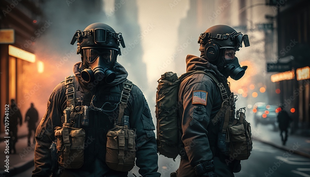 Special ops soldiers fight for survival in chaotic urban warfare in New York City. On fire, armed with rifles, and wearing gas helmets, they navigate debris-filled streets while under attack. Special ops soldiers fight for survival in chaotic urban warfare in New York City. On fire, armed with rifles, and wearing gas helmets, they navigate debris-filled streets while under attack.