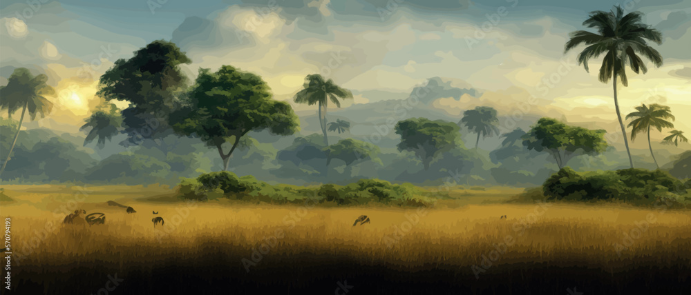 African savanna. Grass, acacia trees and river. Realistic vector landscape. African nature. Reserves and national parks. Banner vector illustration. Savanna landscape background - obrazy, fototapety, plakaty 