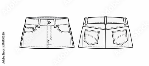 flat illustration of a low-waist denim mini skirt with five pockets, a Front zip fly, and belt loops front and back design cad mock-up 