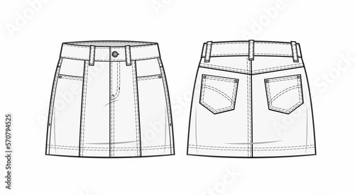 flat illustration template of a High-waist denim mini skirt with five pockets, a Front zip fly, and belt loops front and back design cad mock-up 