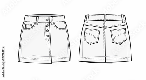 flat illustration of a High-waist denim mini skirt with Front concealed zip fastening, metal button fastening on the front, and six pockets front and back design cad mock-up.