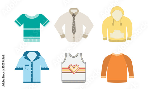Various shirt icons set. Contains such Icons as T-shirt, long-sleeved shirt, winter jacket with hood, short-sleeved shirt, undershirt. Fashion concept. vector ,illustration