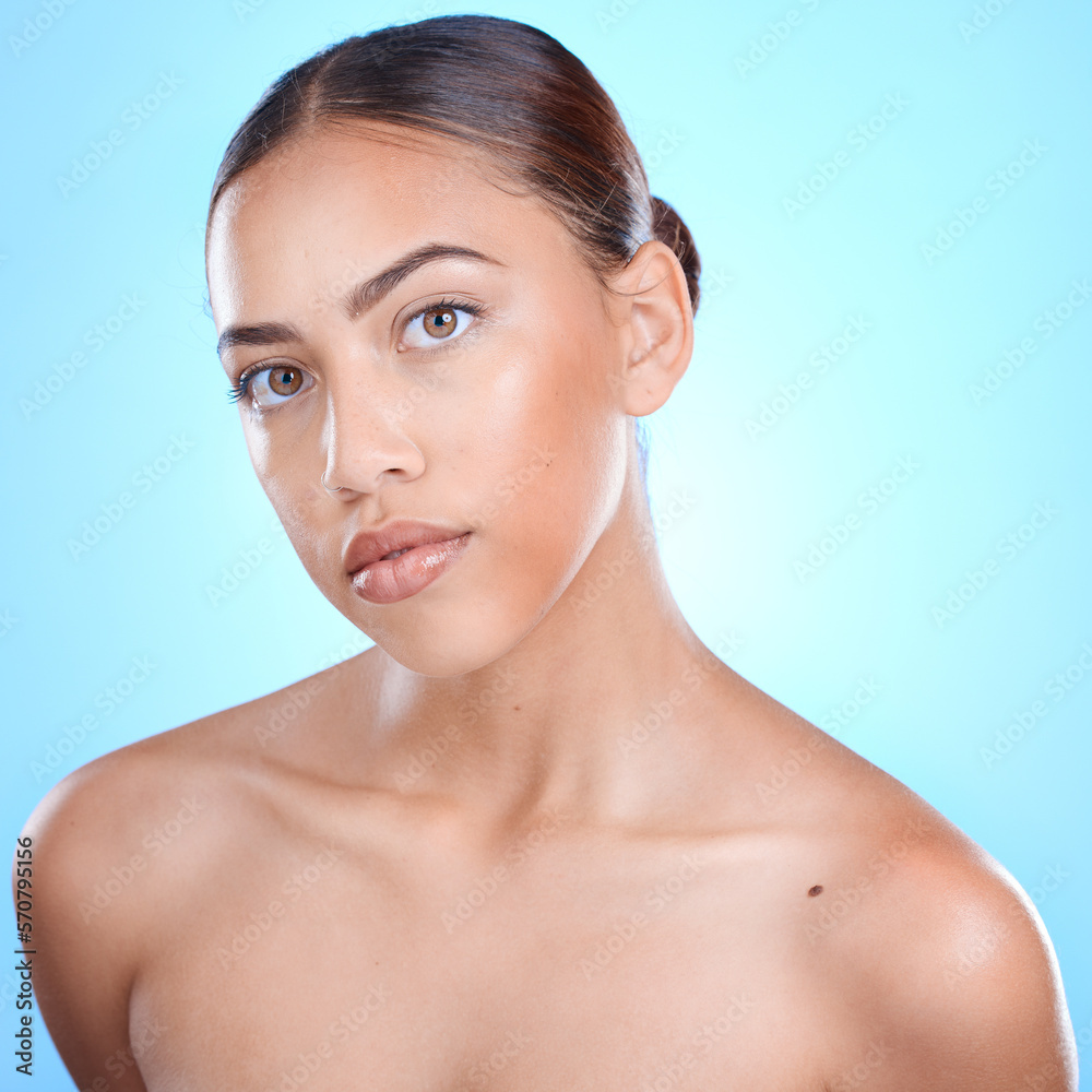 Portrait, beauty and blue background with a model black woman in studio for skincare or wellness. Face, skin and makeup with an attractive young female posing for natural treatment or cosmetics Portrait, beauty and blue background with a model black woman in studio for skincare or wellness. Face, skin and makeup with an attractive young female posing for natural treatment or cosmetics
